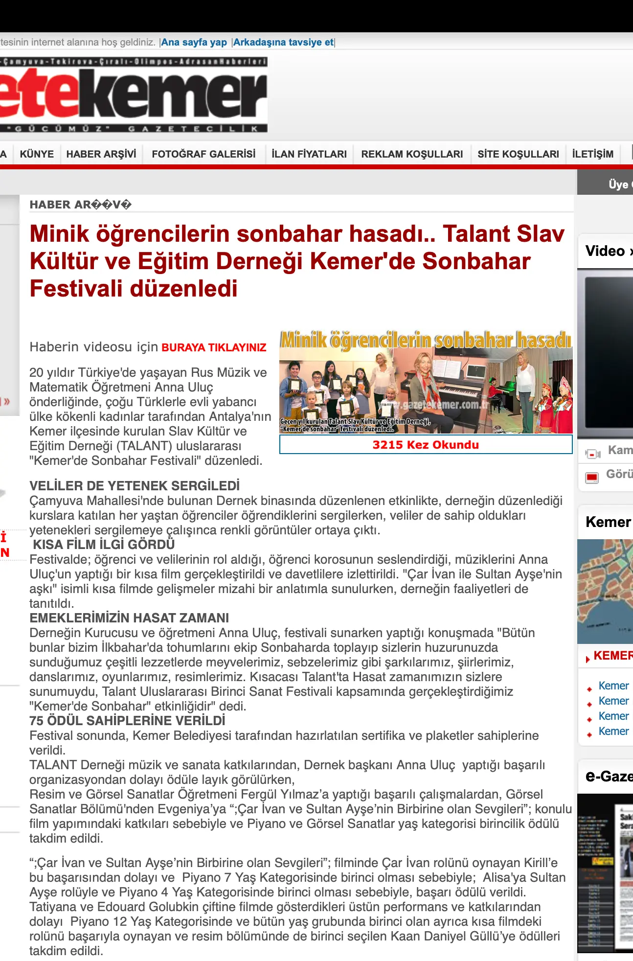 Gazete Kemer haber sayfasının ekran görüntüsü: Sonbahar Festivali haberi