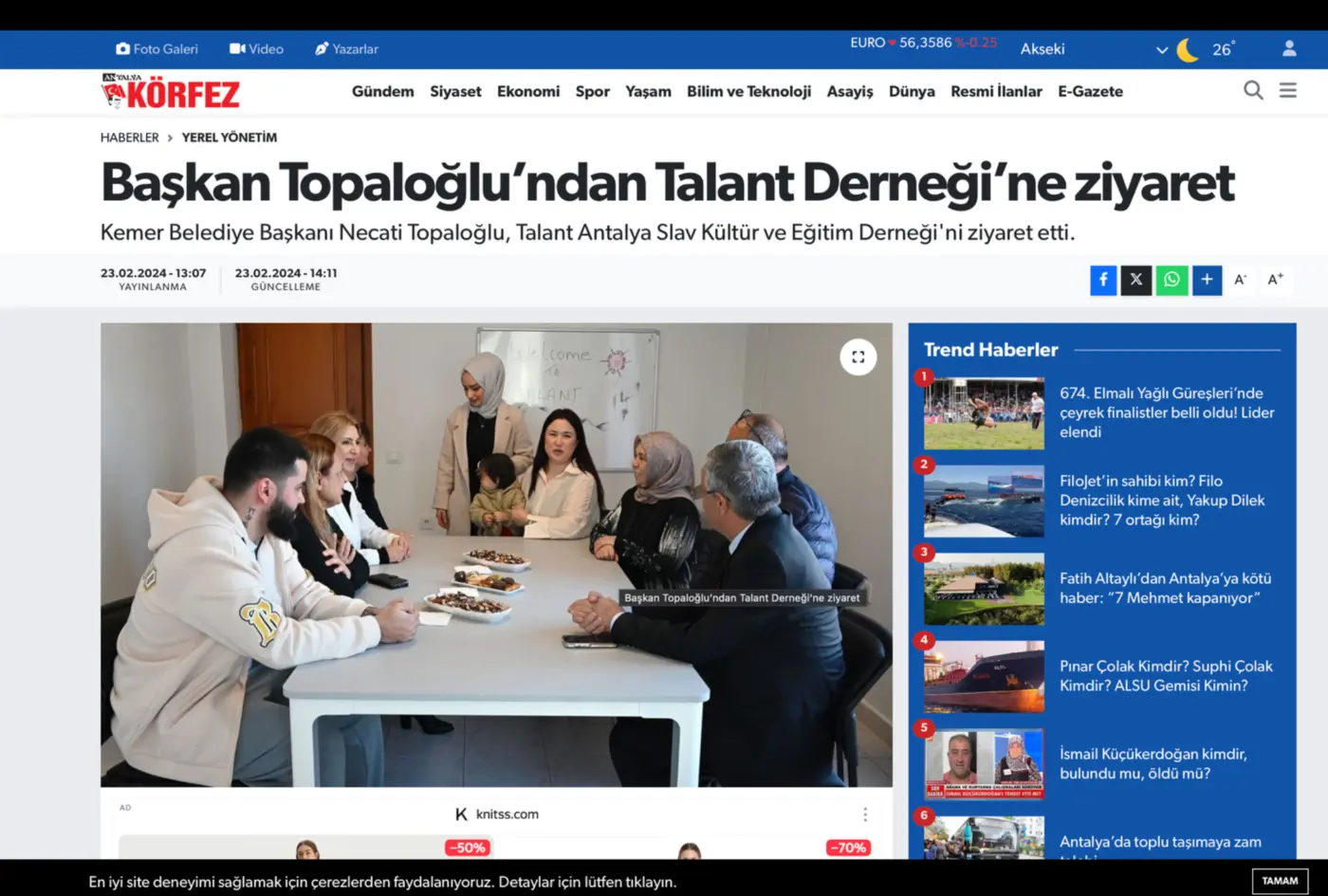 Antalya Körfez Gazetesi haber sayfasının ekran görüntüsü: Talant Derneği ziyareti haberi