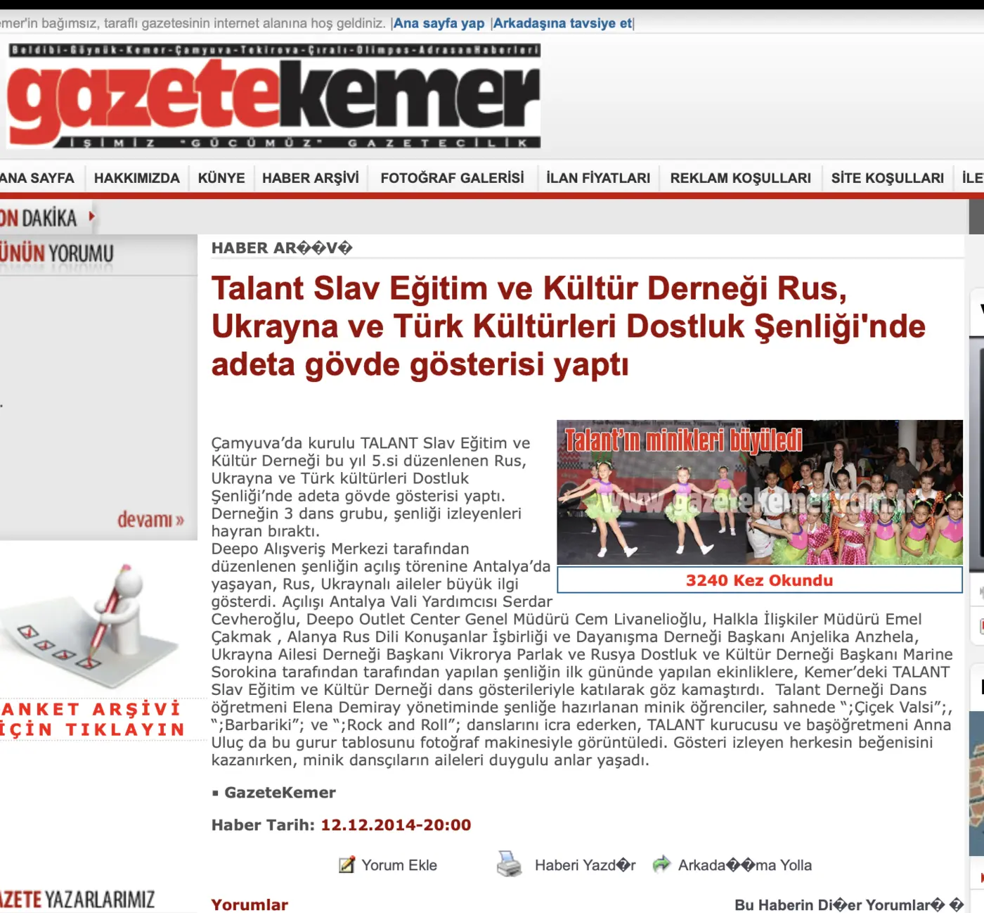 Gazete Kemer haber sayfasının ekran görüntüsü: Dostluk Şenliği'nde Talant haberi
