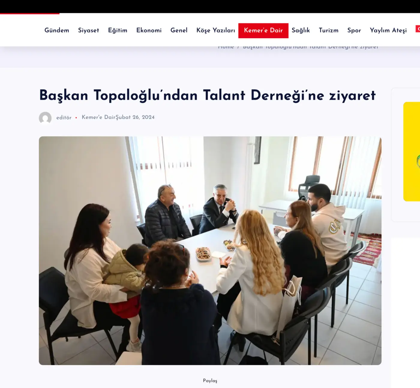 Kemer Hakimiyet haber sayfasının ekran görüntüsü: Talant Derneği ziyareti haberi