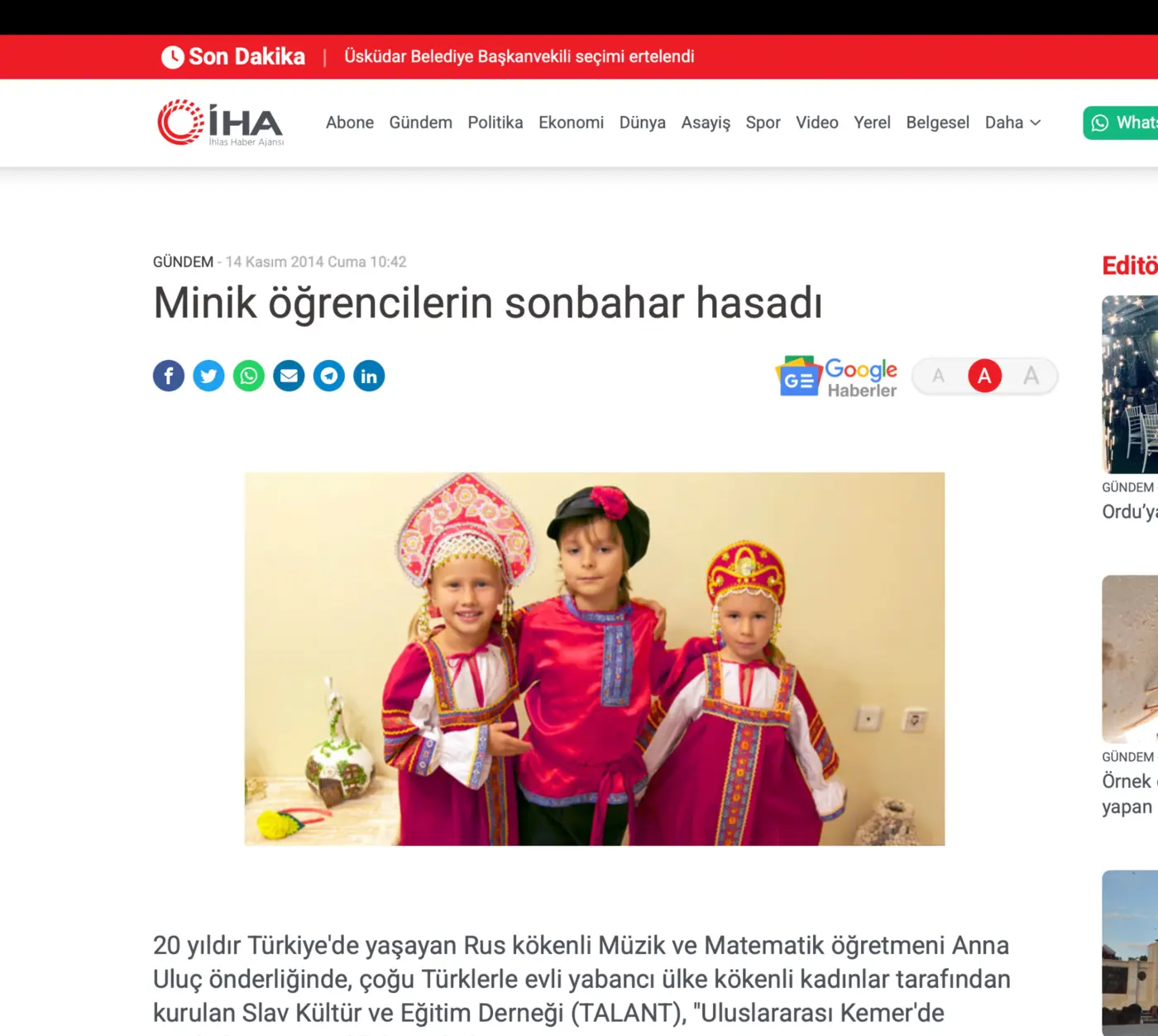 İHA haber sayfasının ekran görüntüsü: Minik öğrencilerin sonbahar hasadı