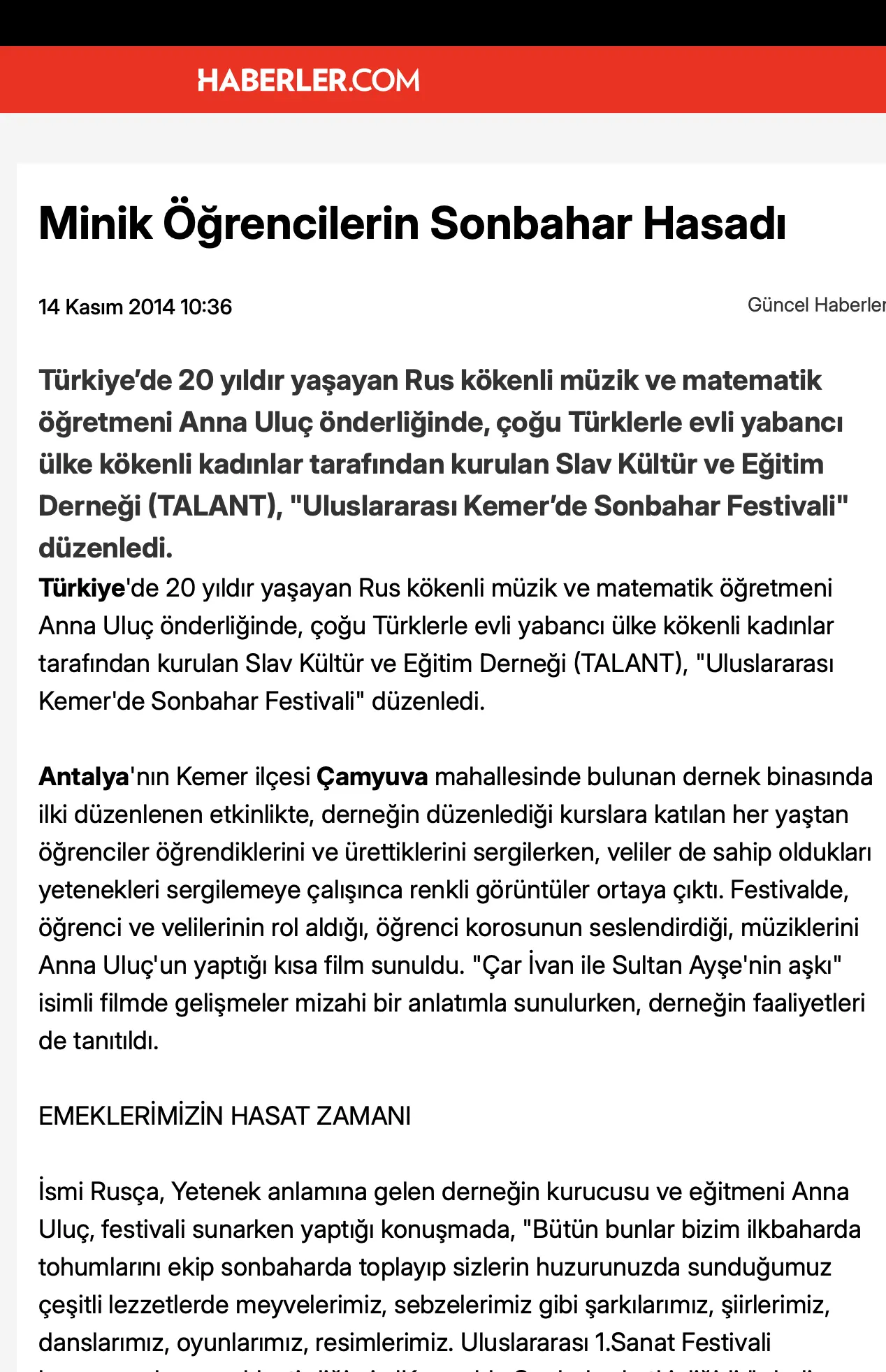 Haberler.com haber sayfasının ekran görüntüsü: Minik öğrencilerin sonbahar hasadı